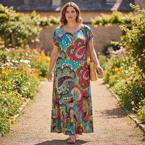 LBisse Women’s‎ Plus Size 2X Midi/Maxi Dress Stretch Short Sleeve Paisley Color